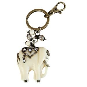 Elegant Elephant Rhinestone Keychain with Cream Beads Purse Beltloop Jewelry